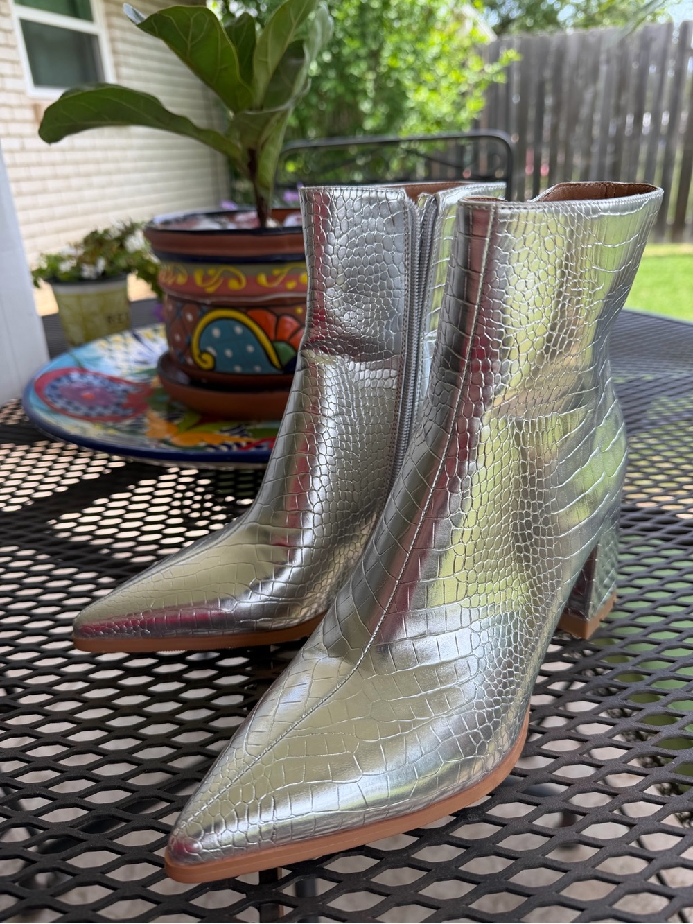 Croc-Embossed Metallic Silver Pointed Toe Ankle Boots - Women NWOT